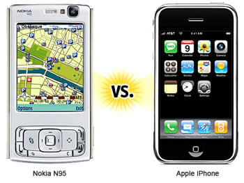 Nokia N95 - 'Máy tính truyền thông đa phương tiện' và iPhone - một music phone thực thụ. Ảnh: Cnet.